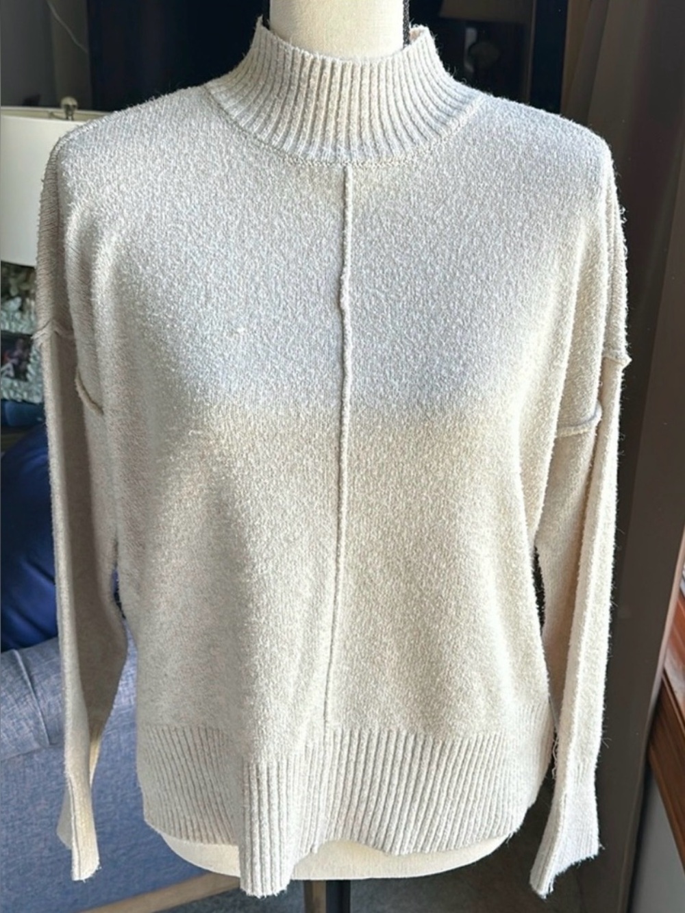 Pink Rose Cream Ribbed Mock Neck Dropped Shoulder Sweater M